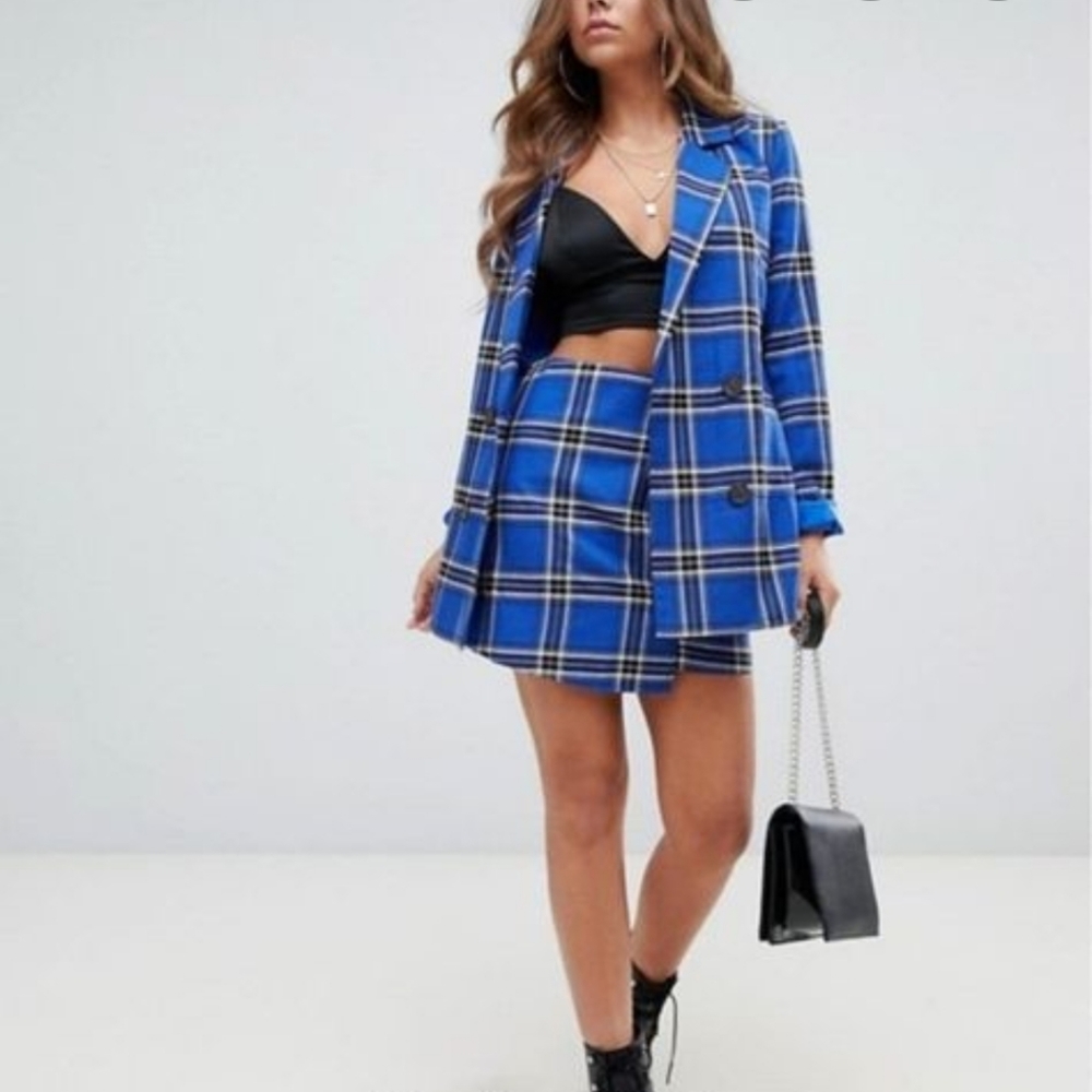 Missguided matching blue plaid skirt and blazer